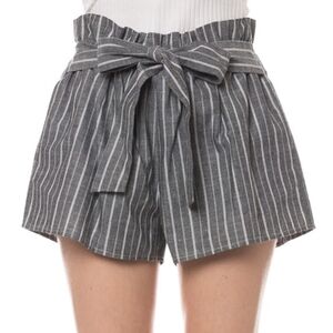 Love Tree Belted Charcoal Gray Striped Paper Bag Shorts Medium
